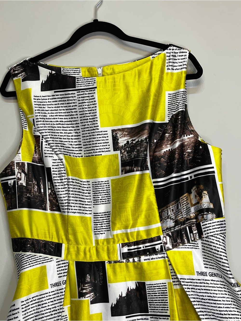.Yellow Black White Newspaper Print Dress - Picture 5 of 11
